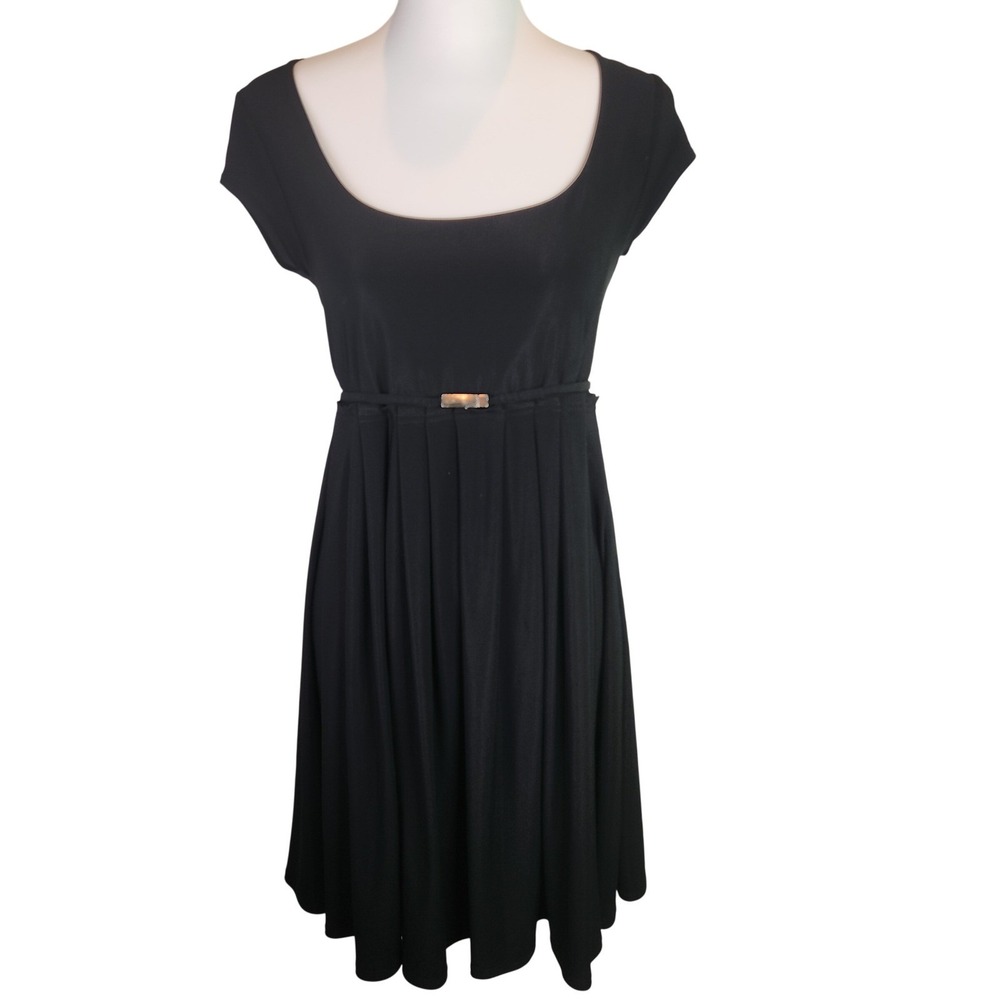 White‎ House Black Market Black Pleated Midi Dress Stretch Scoop Neck Size Small